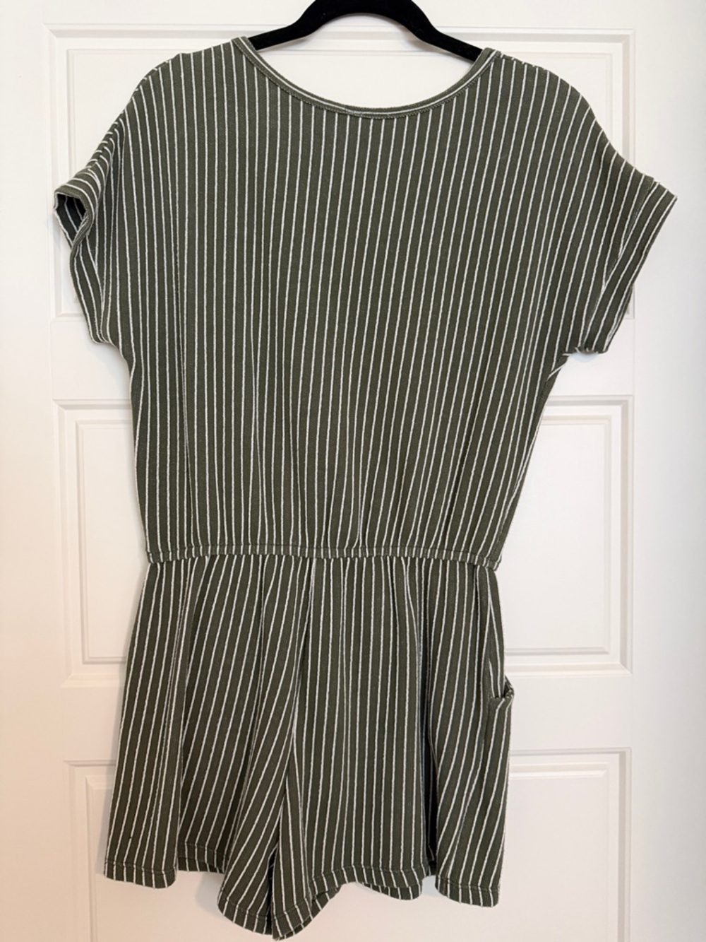 Mahina Olive Green Striped Button-Front Short Sleeve Romper - Picture 2 of 2